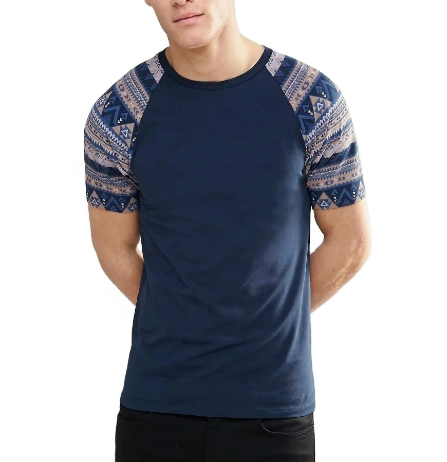 Latest Men Pure cotton t-shirts with Aztec printed raglan sleeves and pocket fancy cute crew Soft clothing manufactured in INDIA