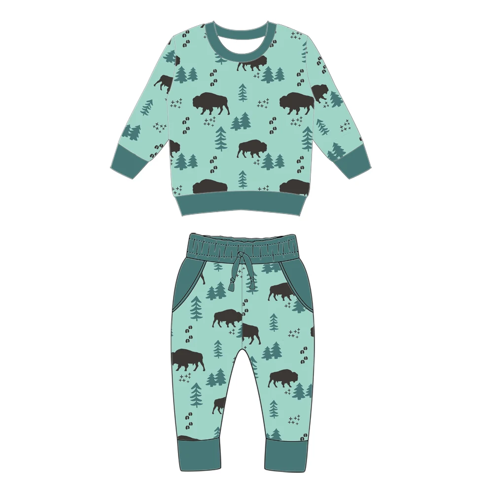 Hot Sale Polyester Christmas Smile Kids Outfits  Kid Unisex Long Sleeves Round Neck Sets Clothes