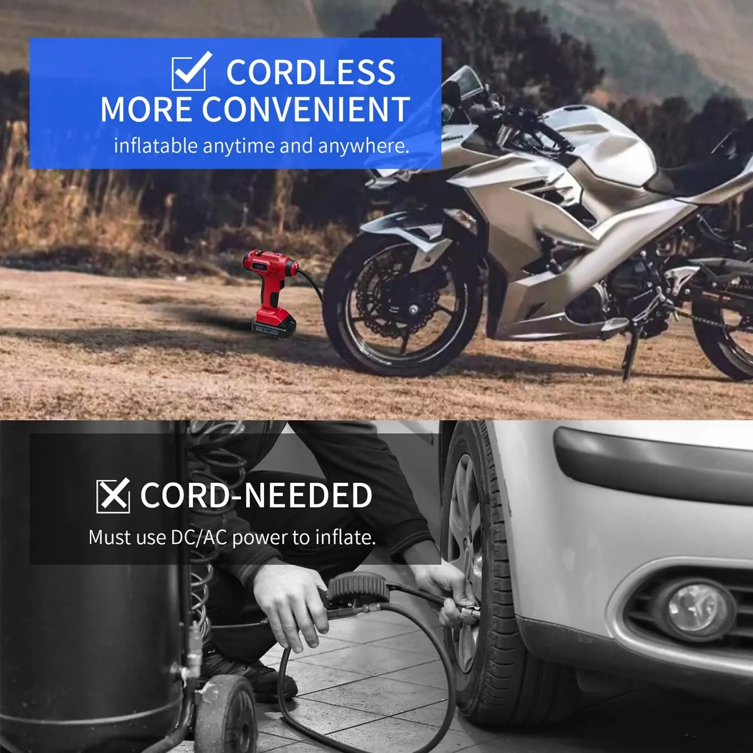 Cordless Tire Inflator& worklight,20V Battery Powered Car Tire Pump with Digital Pressure Gauge