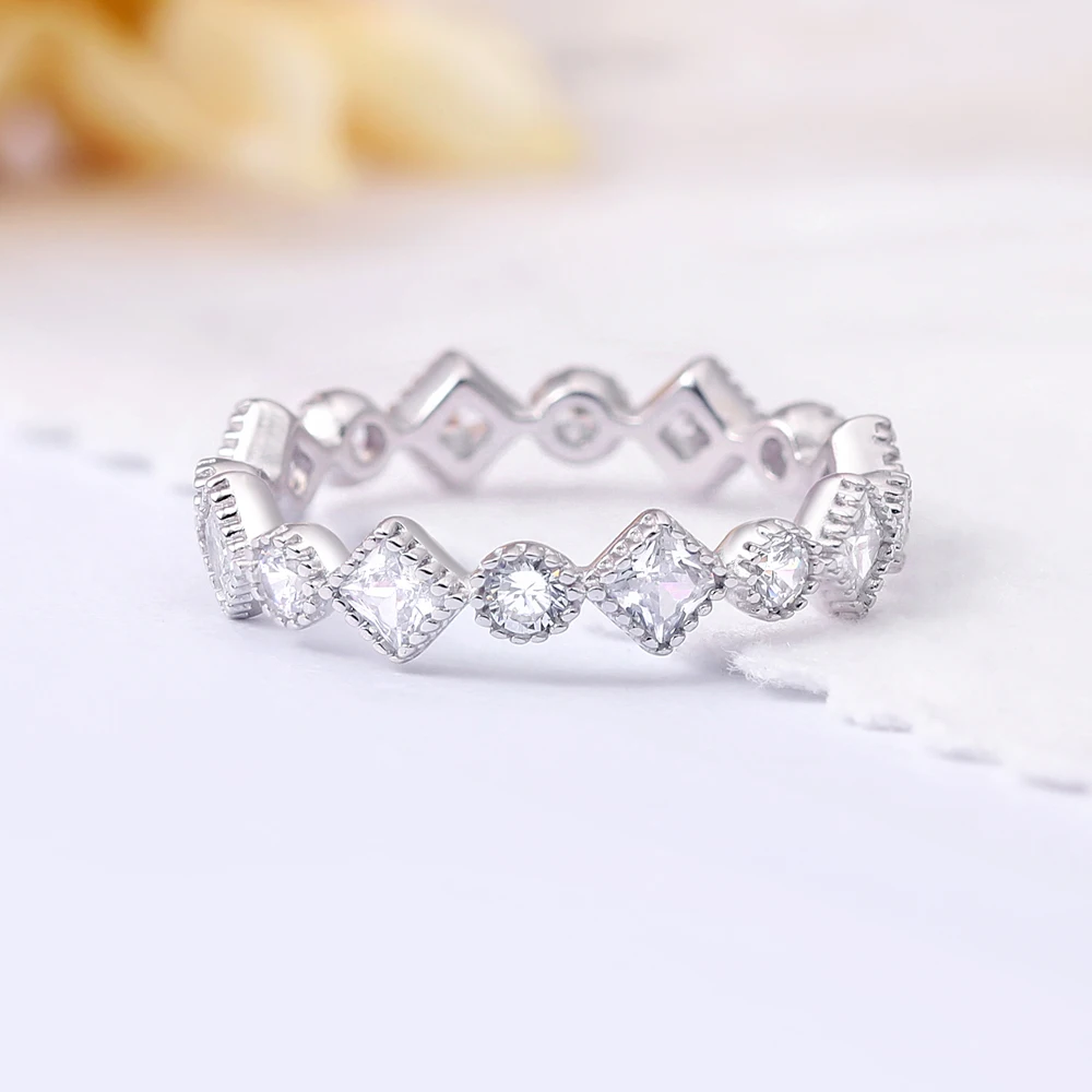 Handmade Silver Jewelry Rings Geometric CZ Sterling 925 Silver cheap stackable Eternity Ring Designs for Girls