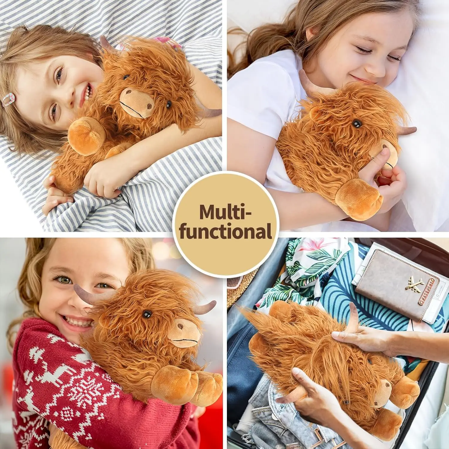 Highland Cow Stuffed Animals Microwavable Heating Pad Soft Fluffy Realistic Cow Plush Toy for Anxiety