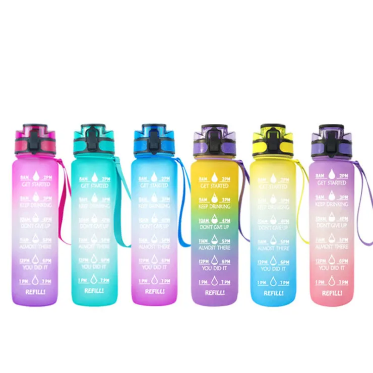 1Litre 2l Gradient Frosted Bottle Leakproof Sports Tritan Plastic Fitness Water Bottle Stay Hydrated With Motivational Times