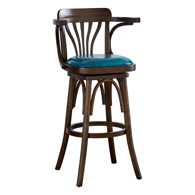 Factory Industrial Furniture Retro Vintage 360 Bar Stool Bent Wood Walnut Color High Back Rotating Swivel Bar Chair