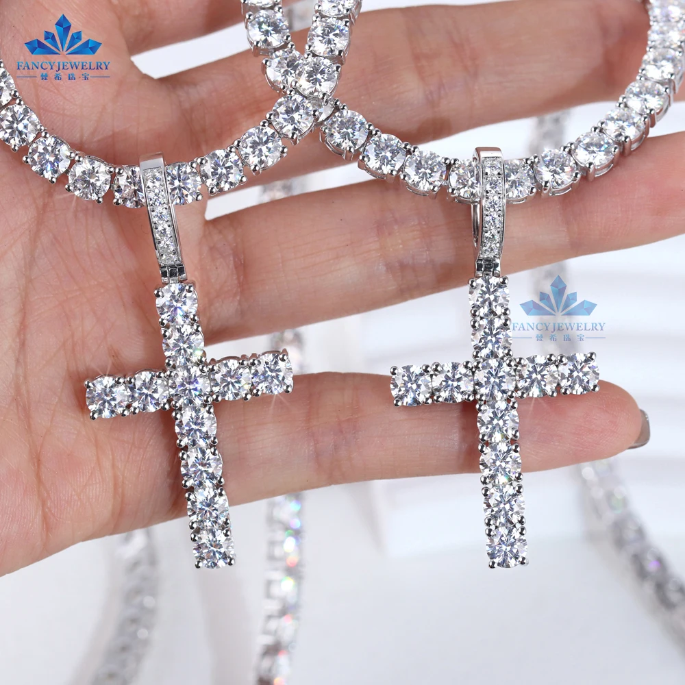 Hip Hop 925 Silver Iced Out VVS 5MM 10MM Moissanite Diamond Cross Pendant Necklace Men Iced Gold Filled Moissanite Cross Pendant