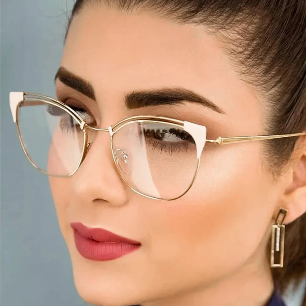 L95537 Fashion Flat  Metal Oversized Women High-quality Optical Glass Frame Eyeglasses Custom Lens Spring leg glasses
