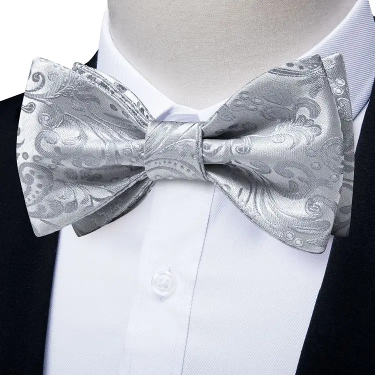 Custom Fashion Silver Self Tie Bow Tie Gray Luxury Silk Paisley Italian Bow Ties For Men