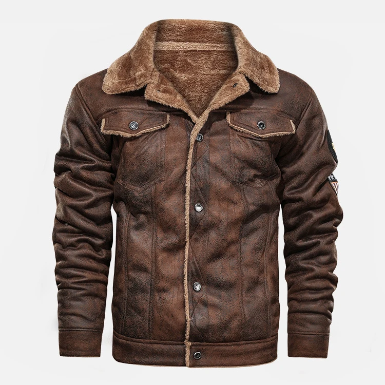 Winter Men Suede Bomber Jacket Custom Faux Leather Jacket New Style Fashion for Men Zipper up Brown Synthetic Leather Shell 100
