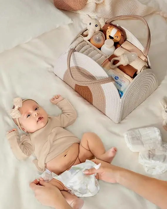 Baby Diaper Caddy Organizer Cotton Rope Diaper Caddy Basket Large Baby Shower Caddy for Newborn Boys and Girls