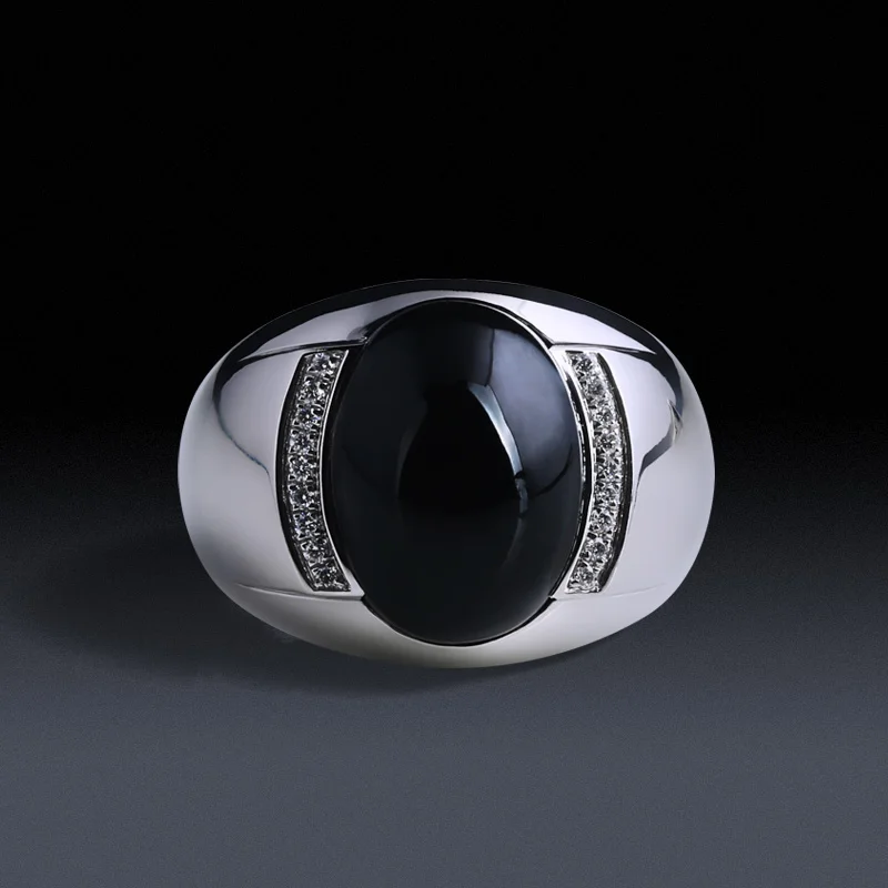 Custom Vintage Simple White Gold Natural Gemstone Rings For Man Laboratory Diamond 925 Sterling Silver Black Agate Male Ring