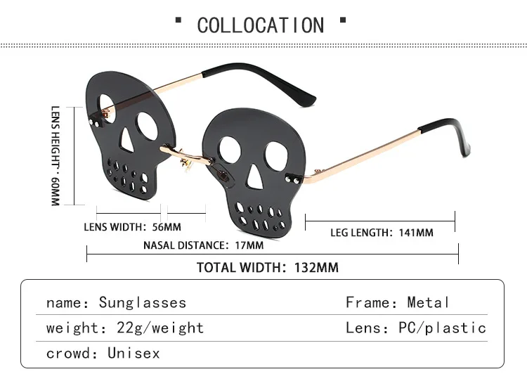 New frameless skull funny sunglasses for Halloween party dances sunglasses Fashion Rimless Lens Sun Sunglasses