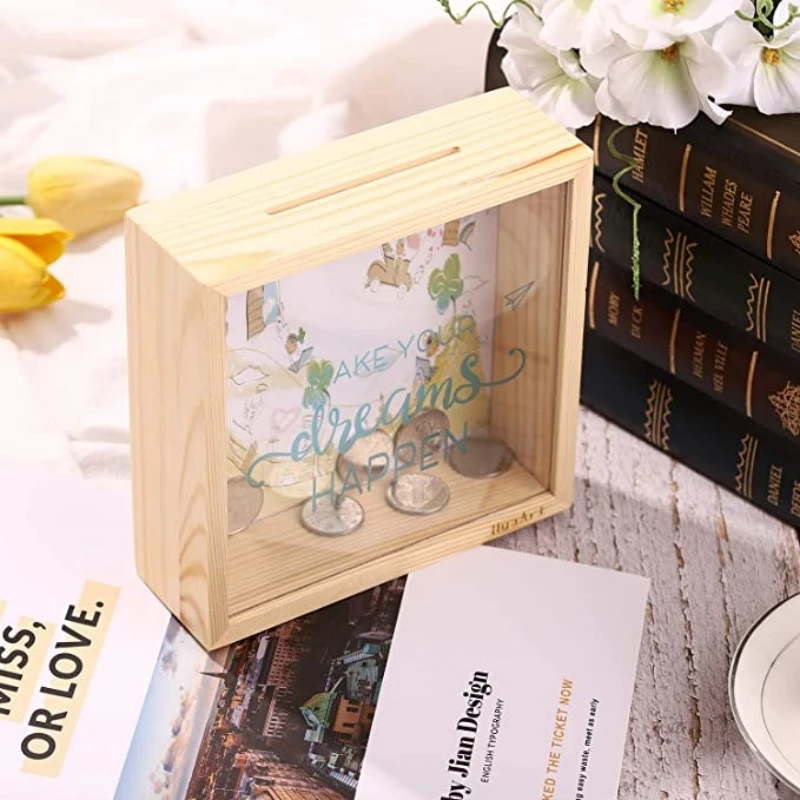 Custom Decorative Shadow Box Frame Shape Money Box Natural Wooden Coin Bank For Home Decor