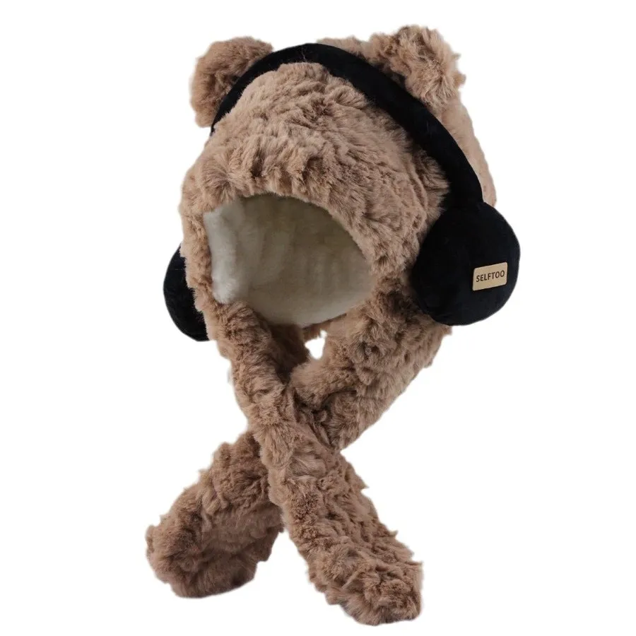 Cute 2 in 1 Winter Warm Cat Ear Beanie Hats Scarf Neck Warmer Fuzzy Fluffy Furry Fur Hat Women Girls Hat and Scarf Set