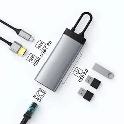 6 in 1 usb 3.0 hub Fast charge HD-MI USB3.0*3 usb c hubs RJ45 1000M SD TF USB HUBS