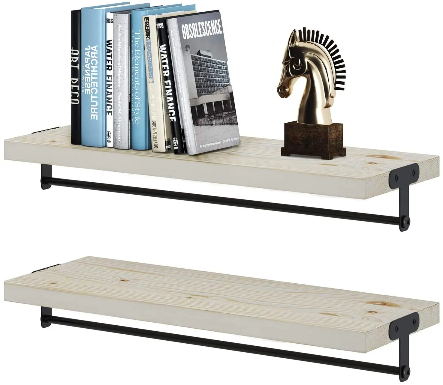 Set of 2 Rustic Floating Decoration Solid Wood Wall Shelves with Towel Bar