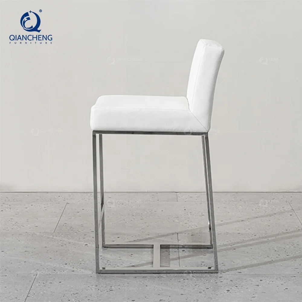 QIANCHENG high quality wholesale 201 304 stainless steel furniture tall high bar chair luxury white leather home barstool