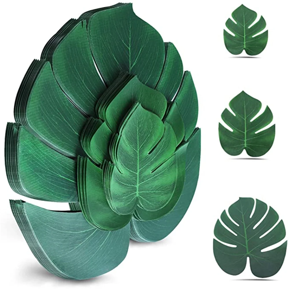 100PCS Artificial Tropical Palm Leaves plant Monstera Fake Large Green Leaf For Hawaiian Jungle Beach Birthday Party Table