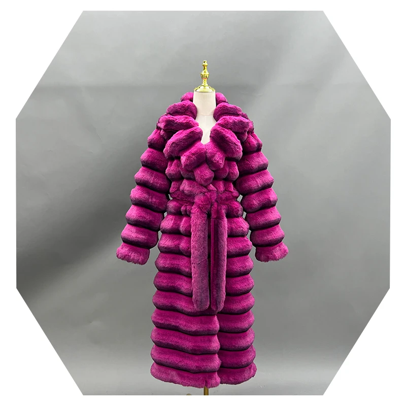 Janefur Latest Models Custom Fake Chinchilla Long Faux Rabbit Fur Chinchilla Trench Faux Fur Coat Women
