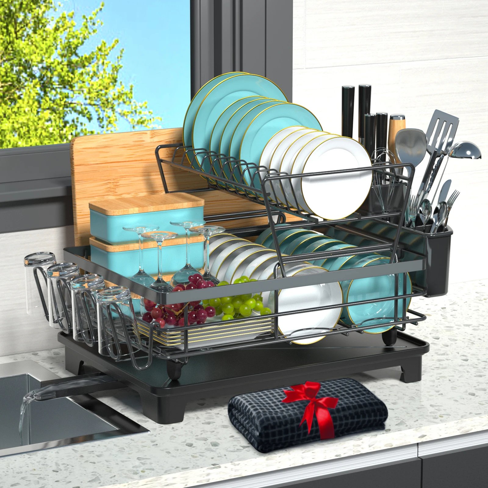 Double Layer Dishes Drainer Dryer Rack  Over the Sink 2 Tiers Dish Drying Racks Tableware Drain Basket Dishes Drying Racks