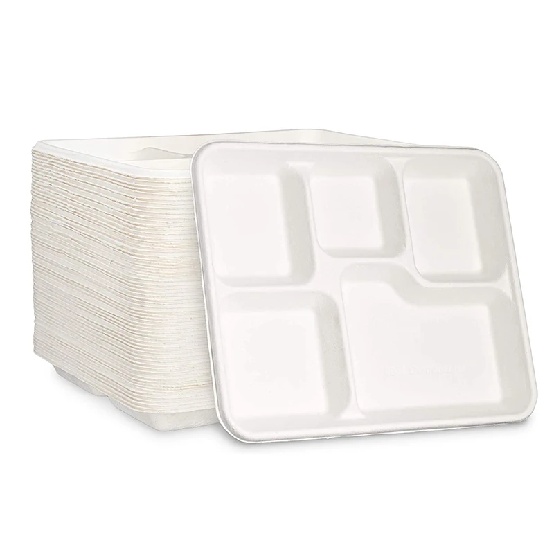10.25inch 5 Compartment Biodegradable Sugarcane Bagasse Disposable Hospital School Lunch Paper Pulp Tray