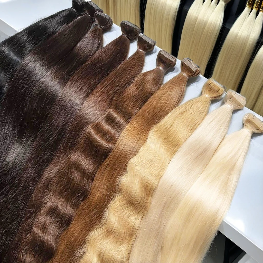 Wholesale 100% Virgin Remy Human Hair Extensions Natural Raw Tape Ins with Full Cuticle Russian Hair Type