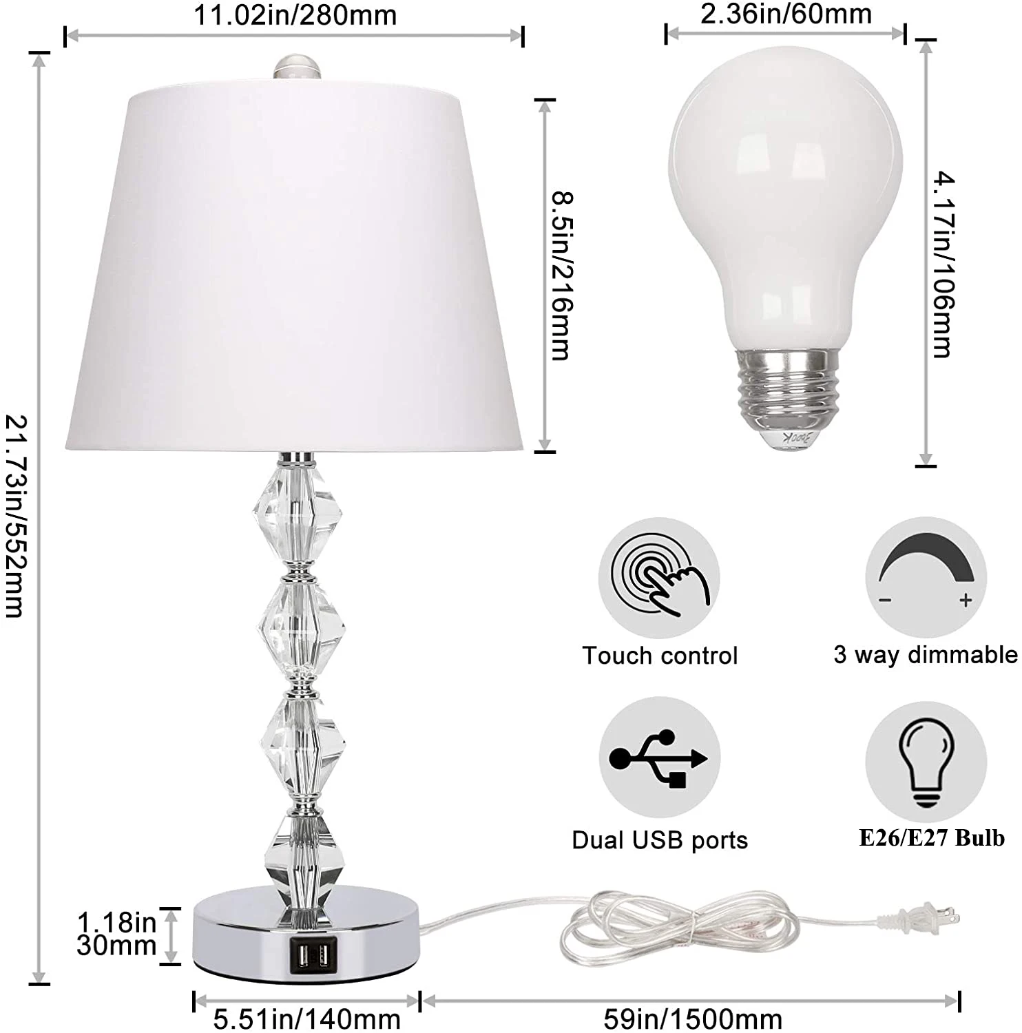 Touch Control Crystal Table Lamp 3 Way Dimmable Bedside Lamp with 2 USB Charging Ports