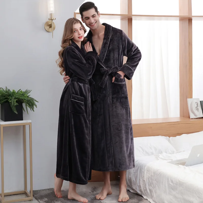 Warm Thickened Bathrobe Pockets Men Long Flannel Bath Robe