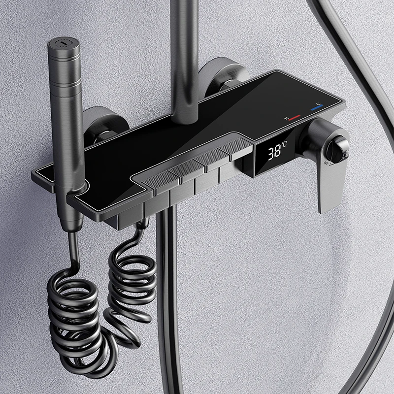 brass luxury black glass surface digital display piano shower system set thermostatic rainfall bathroom shower mixer tap