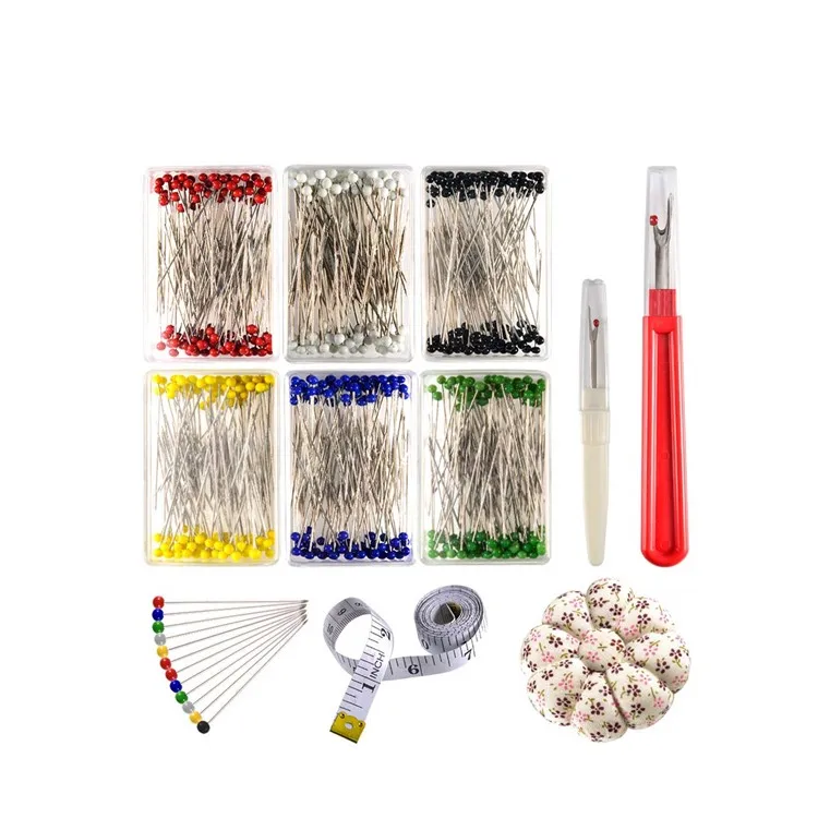 
Hot Sell 600 Pcs 38mm Assorted Color Glass Head Pins Kit with Seam Ripper Tape and Pin Cushion 