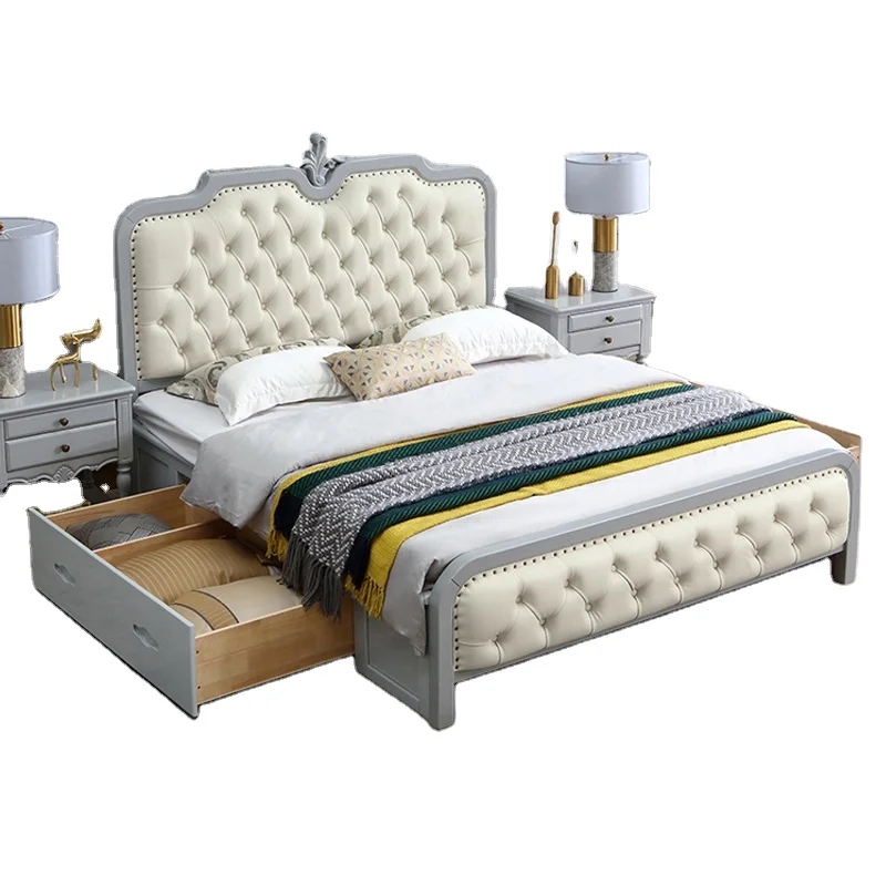 bedroom furniture upholstered real leather retro design bed