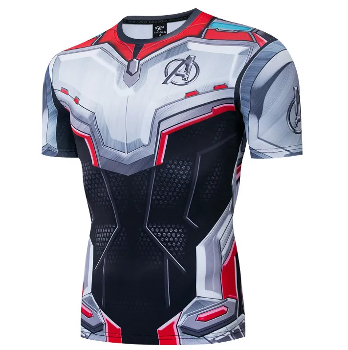 Mens Sports Fitness Elastic Short Sleeve Superhero Print T-shirt