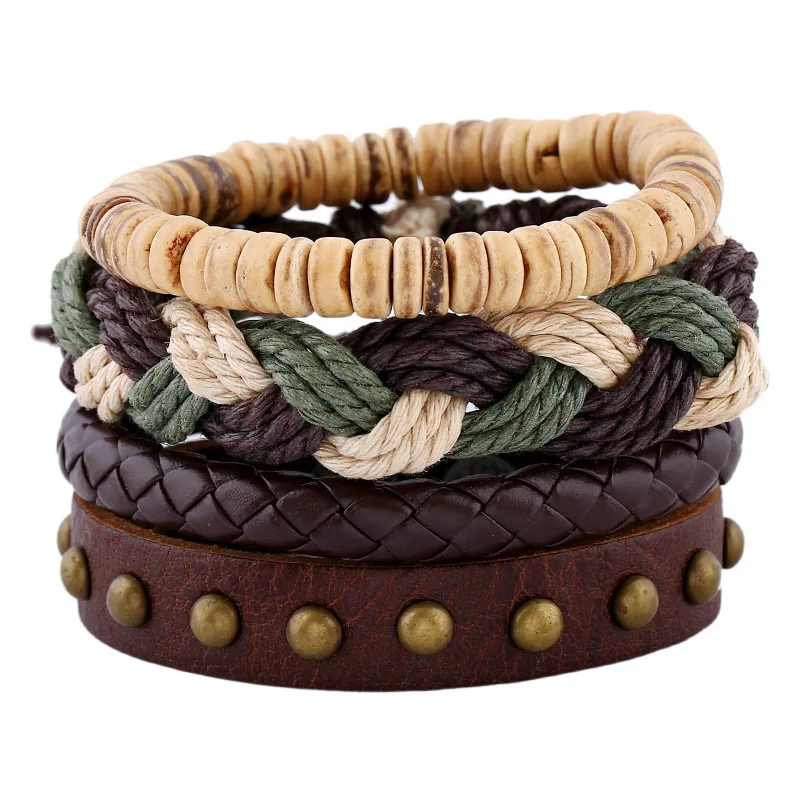 Hip-hop Style 4 Pcs Leather Bracelet Rivet Charm Leather And Wax Cord Bracelet With Coconut Shell Beads