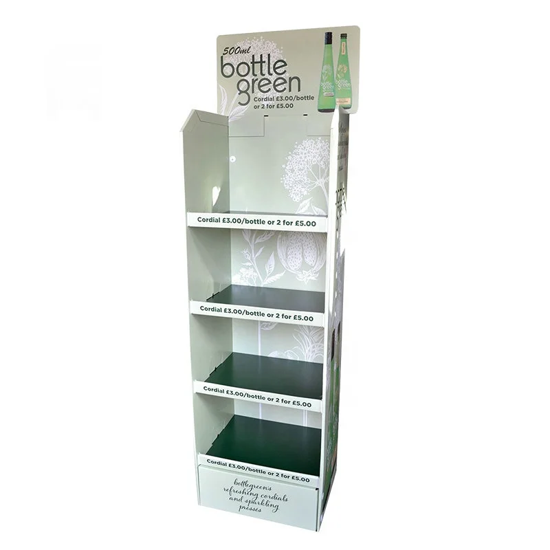 Custom POP Carton Floor Stand Retail 4 Shelves Corrugated Cardboard Bottle Floor Display Stand