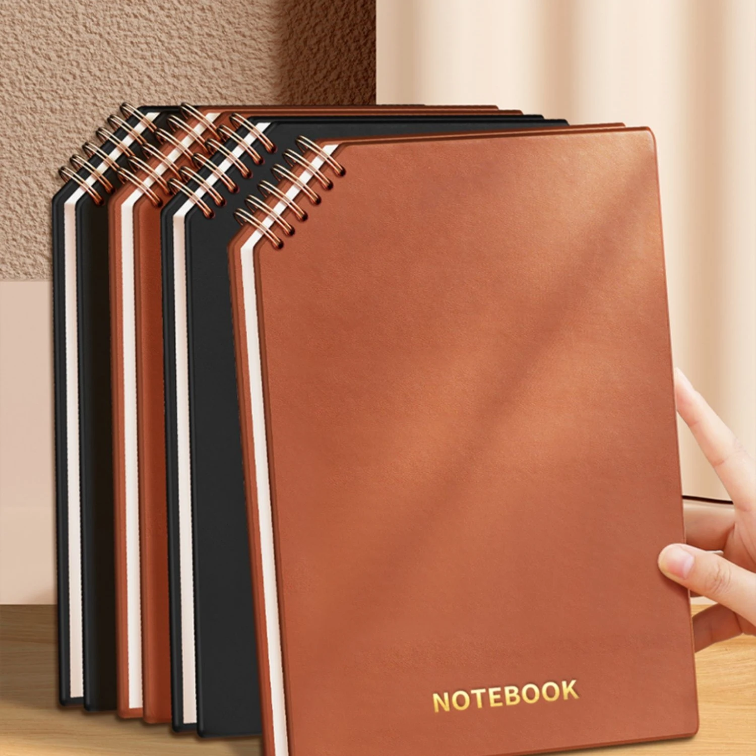 Free sample A5 B5 Unique design leather spiral notebook Slant up hardcover pu notebook custom notebook