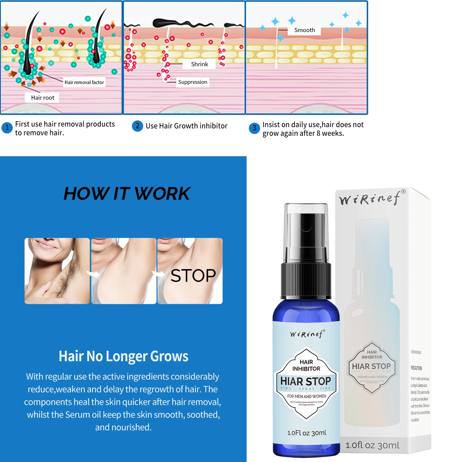 30ml Hair Stop Spray Hair Remover and Growth Inhibitor Facial Removal Cream Spray Beard Bikini Intimate Face Legs Body