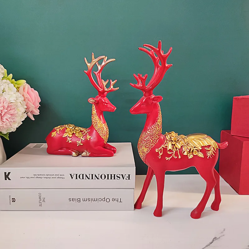 Creative Chinese Auspicious Deer Resin Crafts Elk Sculpture Set Decorations for Home Wine Cabinet Decorations Housewarming Gifts