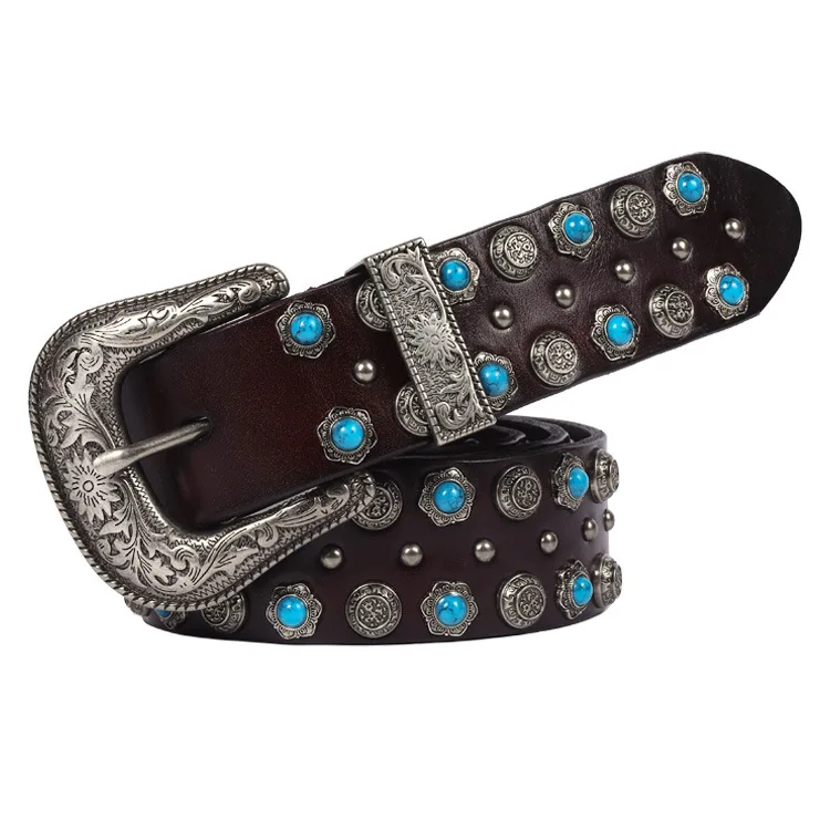 Luxury Turquoise and Studs Inlaid Western Buckle Genuine Leather Cowgirl Belt for Women