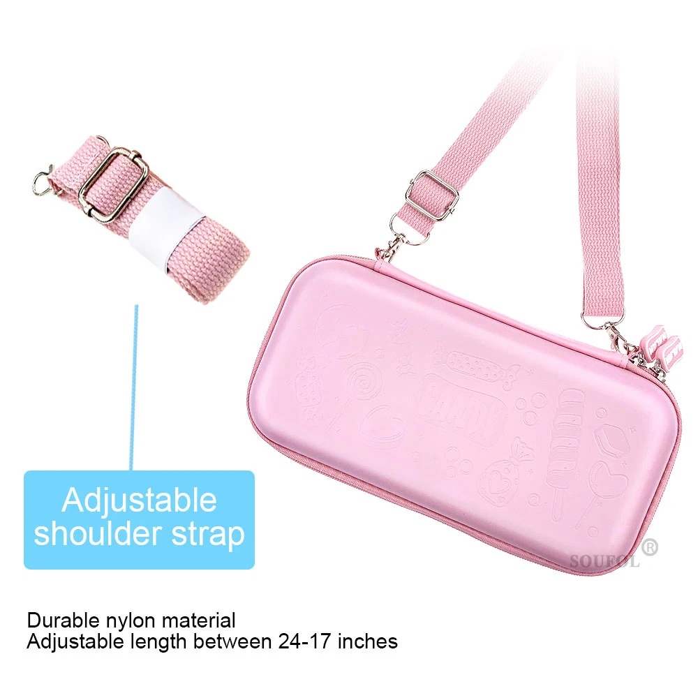 Розовый Жесткий чехол из ПУ кожи, Защитная сумка для переноски, сумка для хранения аксессуаров, чехол с ремешком на кронштейне для чехла Nintendo Switch Oled