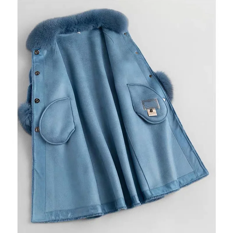 CX-G-T-25C Ladies Fox Fur Collar Winter Lambswool Long Teddy Coats Sheep Wool Coat