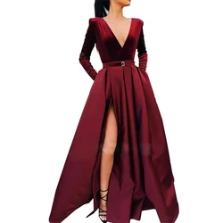 Fall Fashion Long Sleeve Deep V Neck Burgundy Dress Woman Evening Velvet Dress