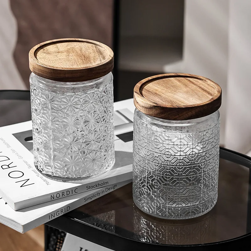 wholesale luxury clear round airtight food grade storage bottles glass cookie jar with bamboo wood lids for food