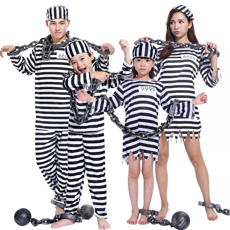 Carnival Party Halloween Prisoner Costume for Men Women Kids Child Family Violent Prisoner Costumes Fancy Dresses Set