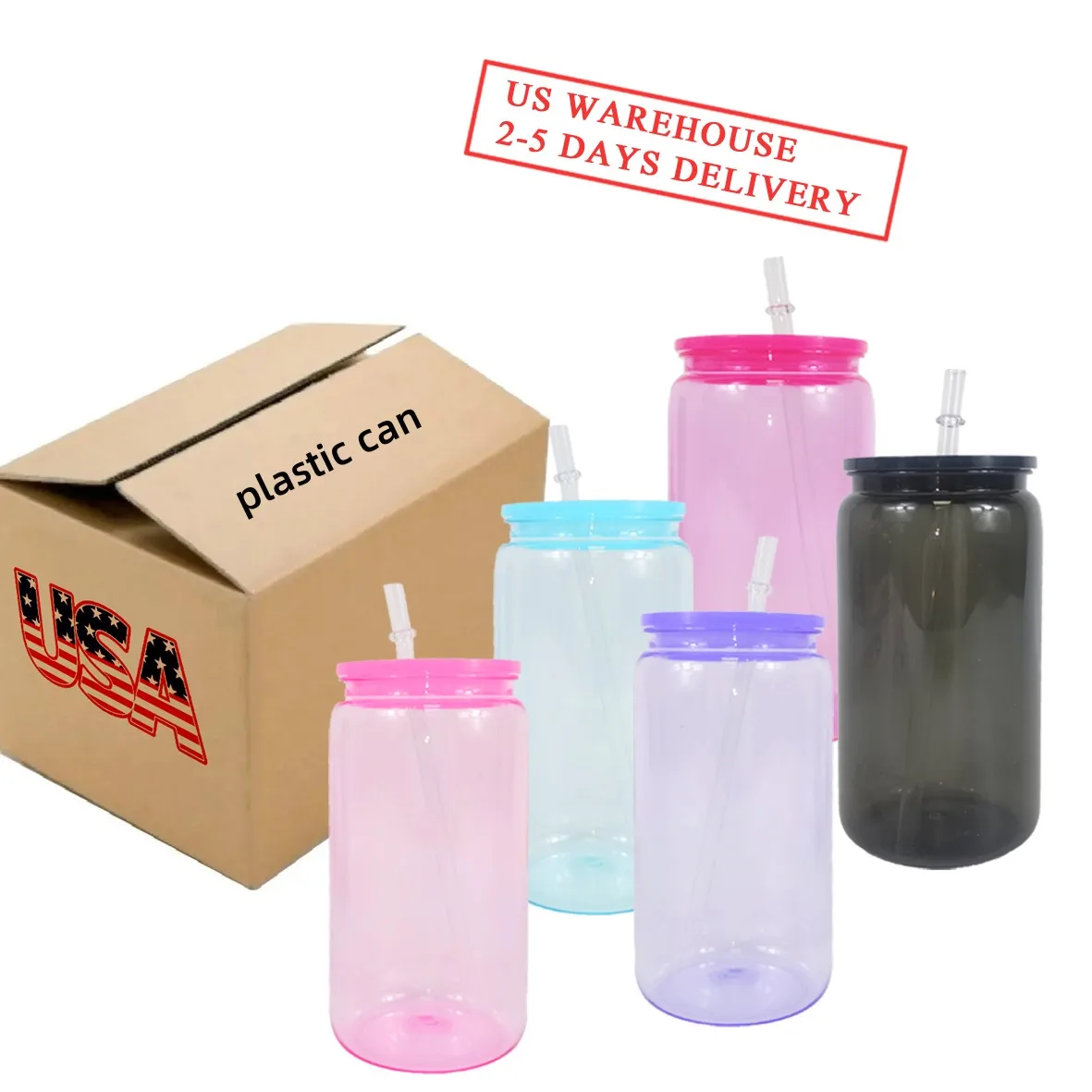 US warehouse 16oz clear transparent cold and hot drinks colored jelly plastic acrylic beer soda can cup with straw and lid