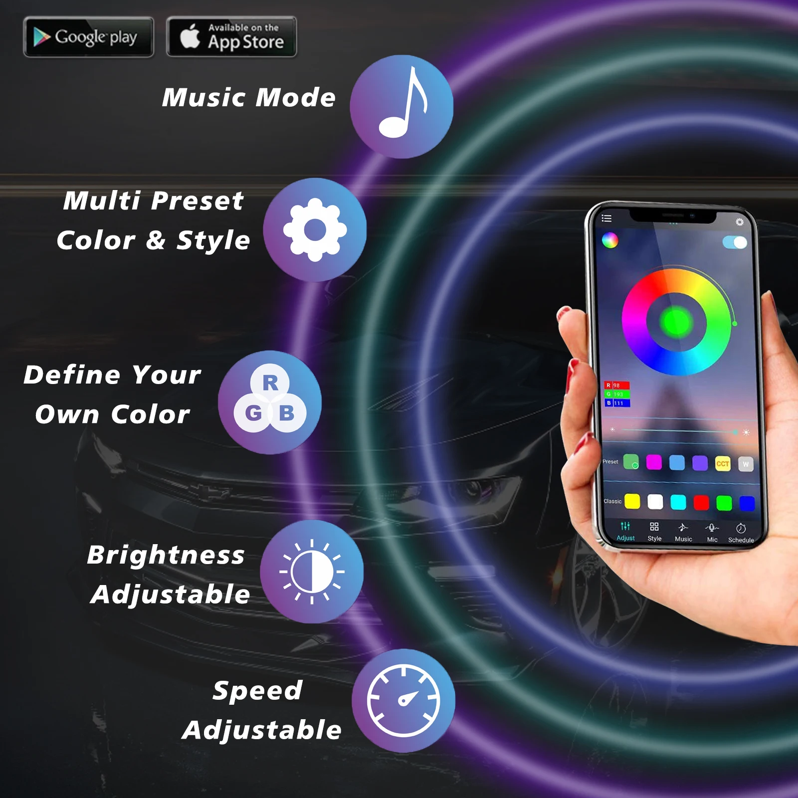 R-GB App Control, Multicolor, Music Mode, Dimmable, 8 Pods Underglow RGB Led Rock Lights, RGB working lamp
