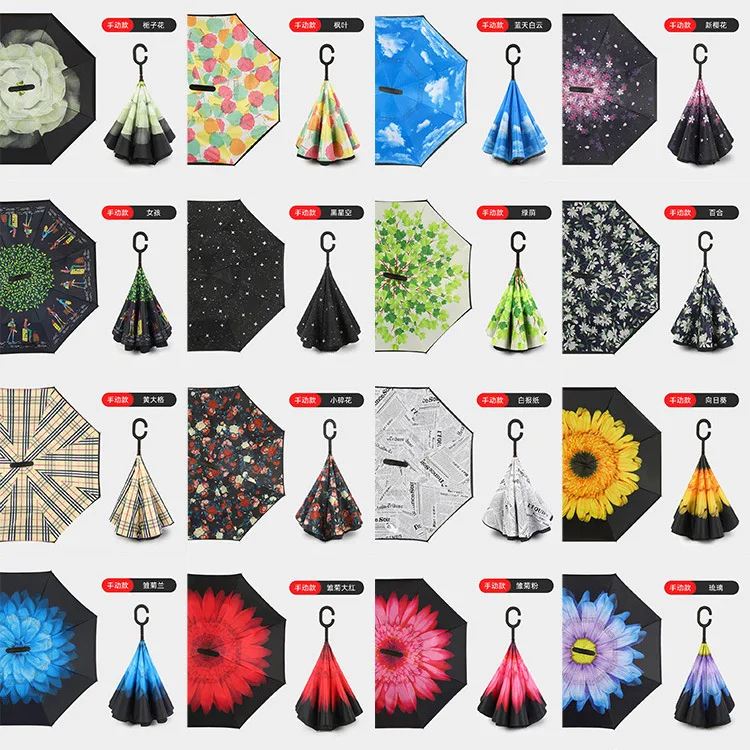 inverse car Umbrella with logo prints Custom Double Layer Inside Out C Shape Handle design inverted Folding Reverse Umbrella