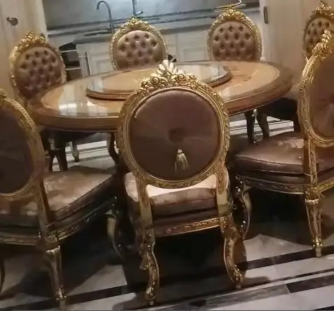 
European italian classical antique dinning room furniture wood carved royal luxury round dinning table and chair 