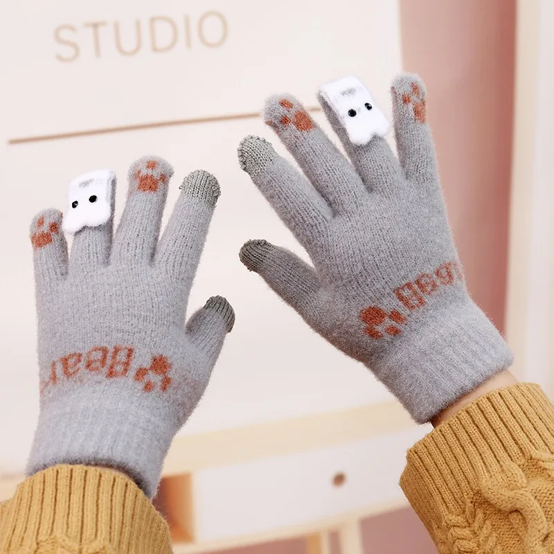 New Winter Warm Knit Gloves for Women Cute Bear Five Fingers Touch Screen Gloves Female Made of Soft Cashmere Wool