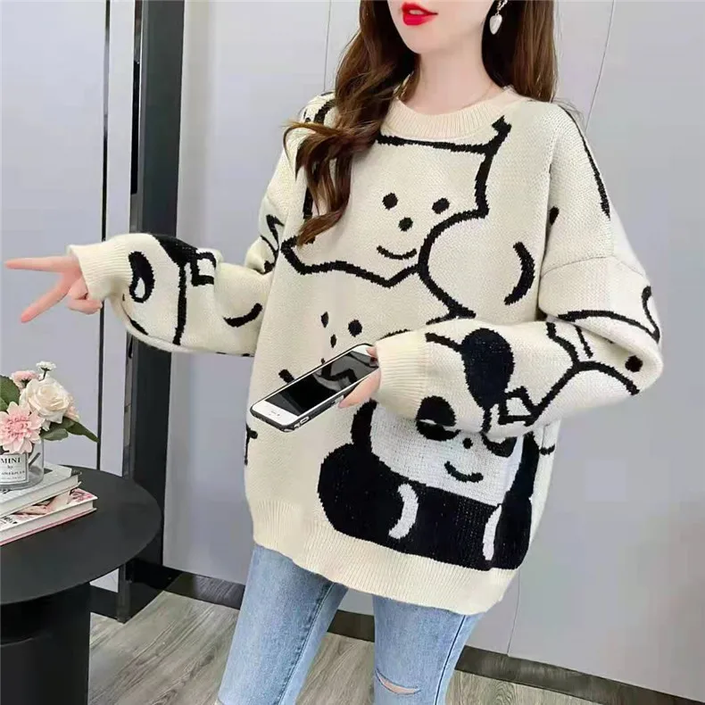 Autumn Winter  Fashion lady new arrival crew neck batwing sleeve cute bear print pullover sweater