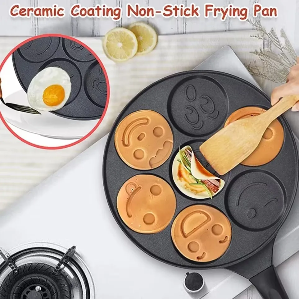 Customizable Cute Smiley Pattern 7-Cup Egg Frying Pan Non Stick Egg Cooker Pan Mini Cooking Set for Kitchen Gas & Induction