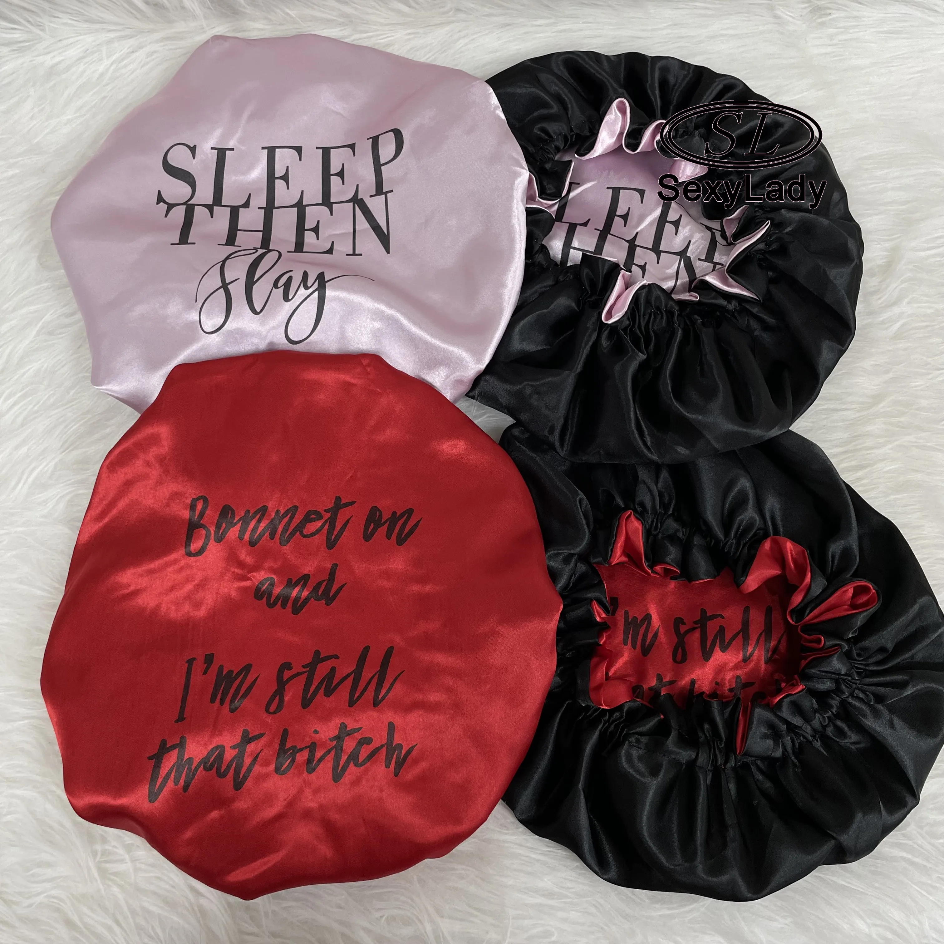 reversible  100% silk newest style with luxury lfancy pattern logo  hair bonnets Satin designer bonnet