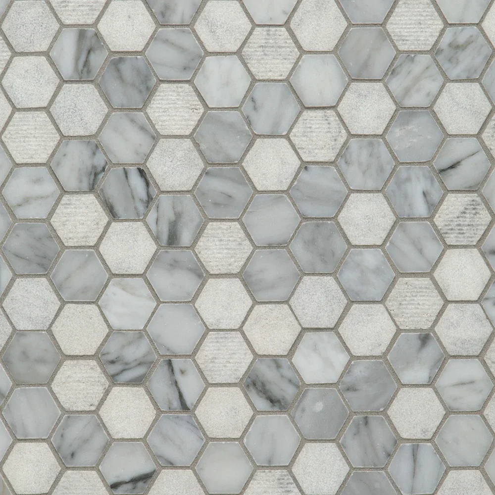 Мраморная мозаичная шестиугольная плитка Textura Bianco Carrara современная по размеру Смешанная отделка искусственный мраморный пол